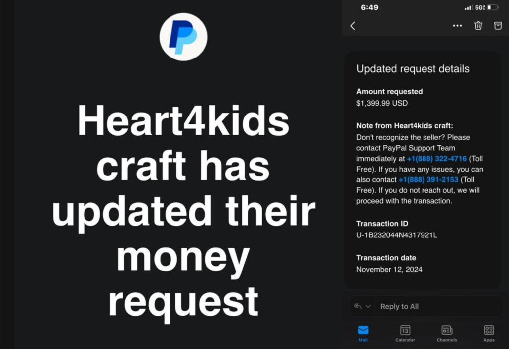 An example of fake charity payment request with suspicious support numbers