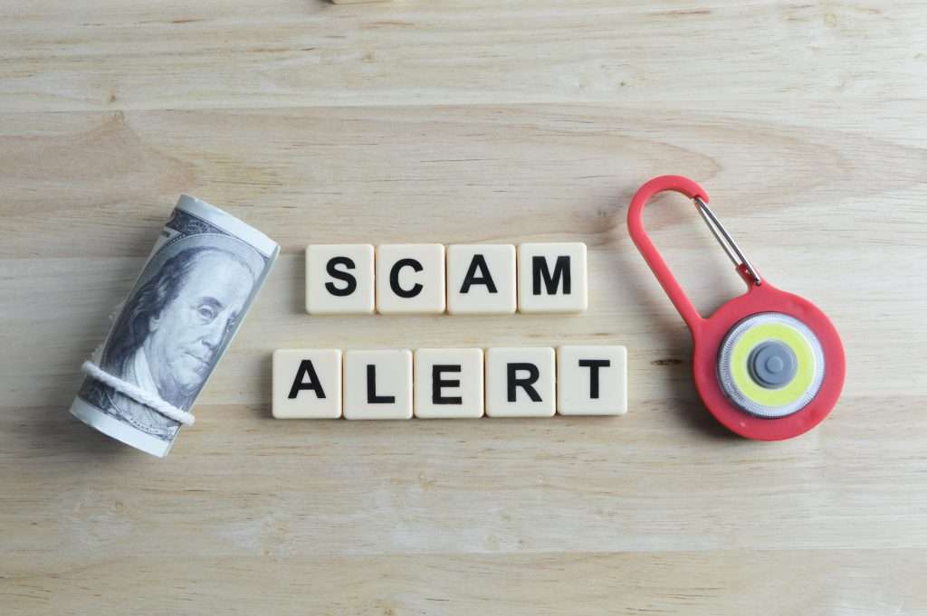 Money banknote and scrabble letters with text SCAM ALERT