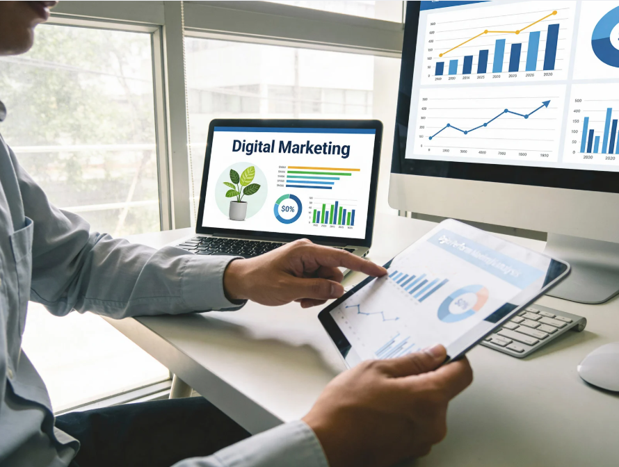 Digital marketing analytics displayed on tablet and computer screens